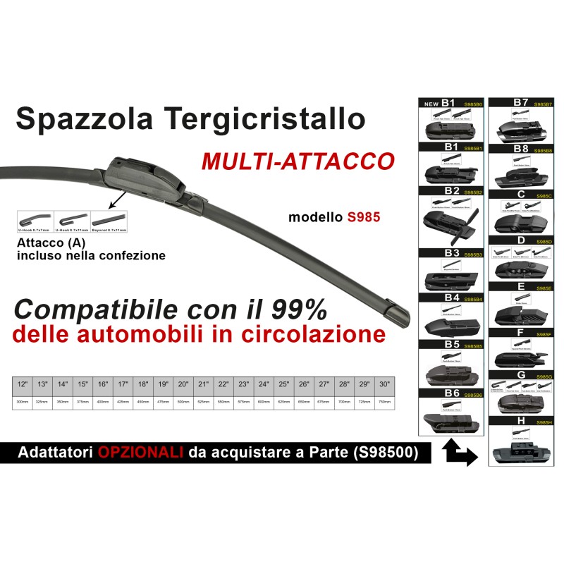 Spazzola Tergicristallo Auto Universale S985 29'' 725mm Carall 16 Attacc S98529